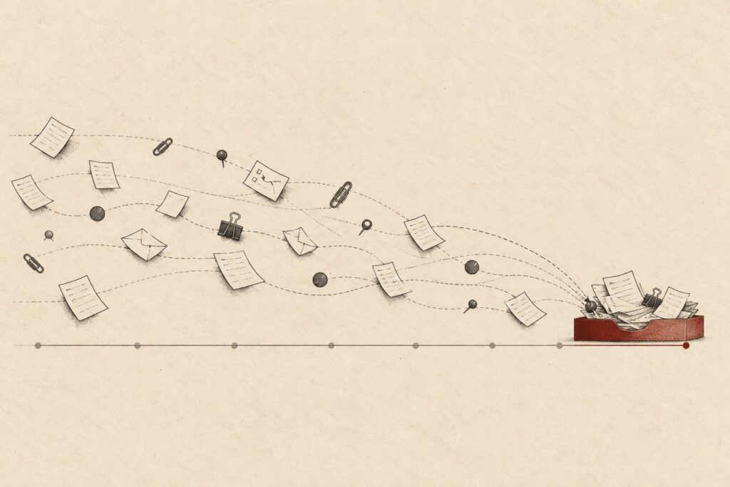 Loose notes and tasks converging into a single closing tray.
