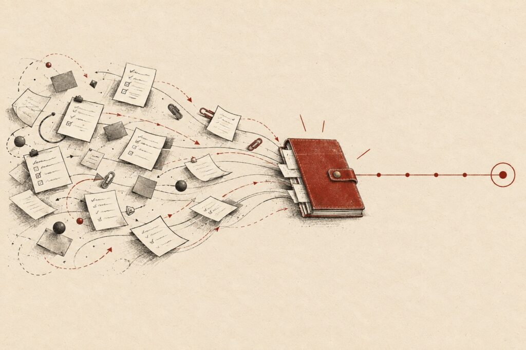 Scattered plans converging into a closed notebook and one clear destination.
