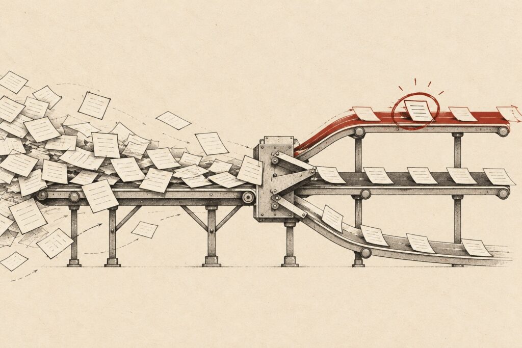 A large stream of notes reduced to one selected task.