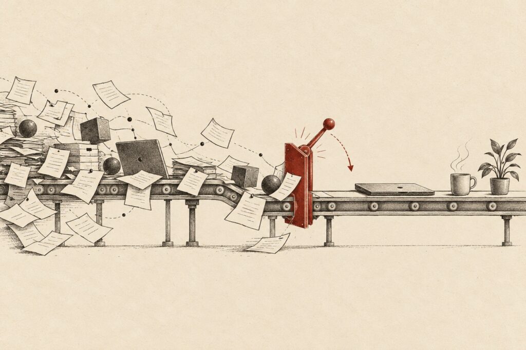 A barrier separating a chaotic workload from a calm closed laptop.