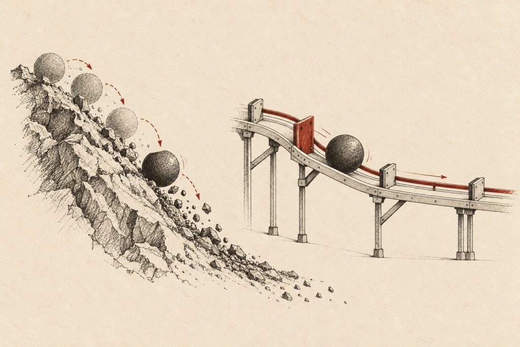 Heavy spheres moving downhill before being guided onto a structured path.