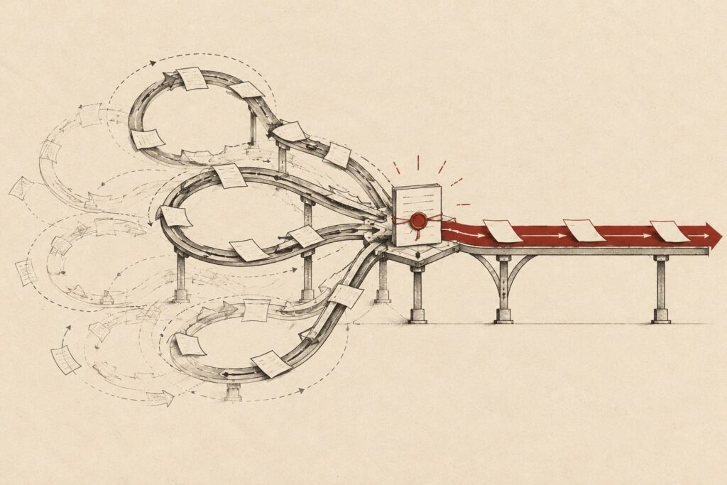 Looping decision paths resolving into one sealed choice and a forward route.