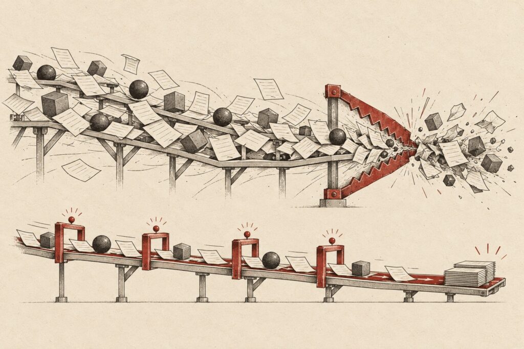 Chaotic work hitting a deadline above a calmer sequence of steady checkpoints.