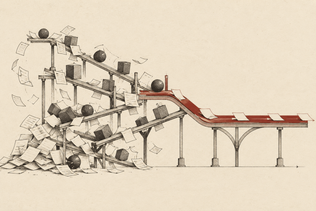 An overloaded mechanical system of tasks gives way to one calm, redesigned red route.
