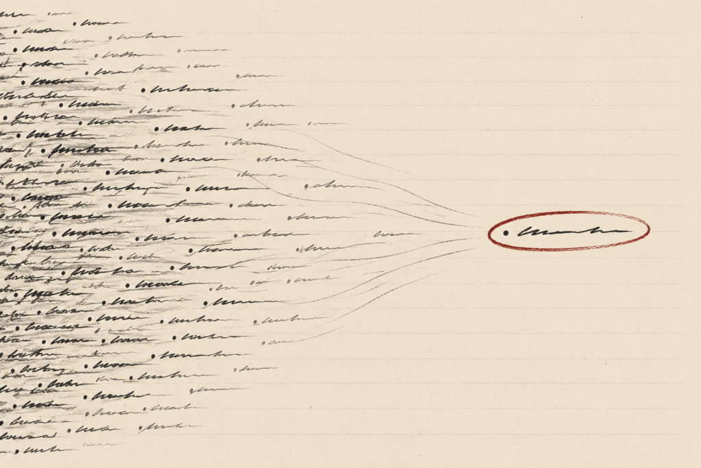 A dense field of handwritten tasks narrows to one task circled in oxblood red.